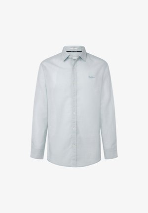 Vaaleansininen pitkähihaine paita, jossa on kaulus, hienovarainen pistekuviointi ja nappikiinnitys. Paitassa on pieni brodeerattu logo ylärinnassa.