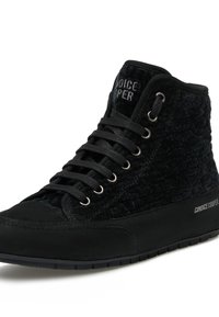 Sneakers alte neri con tessuto texturizzato, dettagli in pelle liscia, punta rotonda e occhielli in metallo. Presenta il logo sulla linguetta e sul lato.