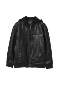 Giubbotto in ecopelle nera con zip, cappuccio in tessuto nero attaccato, polsini e fondo a coste, tasche frontali e tasca sul petto con zip.