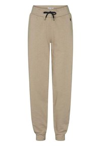 Beige-coloured sweatpants made from soft fabric, featuring a drawstring waist, ribbed cuffs, and a small logo detail on the side.