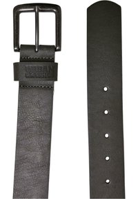 Black leather belt with a matte finish, featuring a rectangular metal buckle and multiple adjustment holes on one side. Urban Classics branding included.