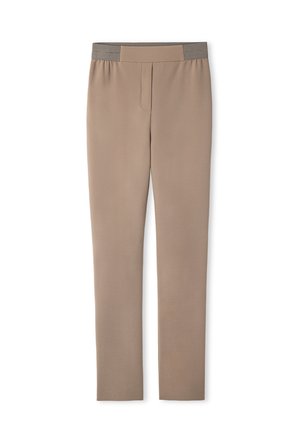 Beige kalhoty s elastickým pasem a hladkou, pružnou texturou. Mají jednoduchý design, rovné nohavice a minimalistické švy.