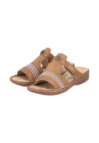 Tan leather sandals with open toes, decorative white stitching; adjustable strap with button detail; cushioned footbed and textured outsole.