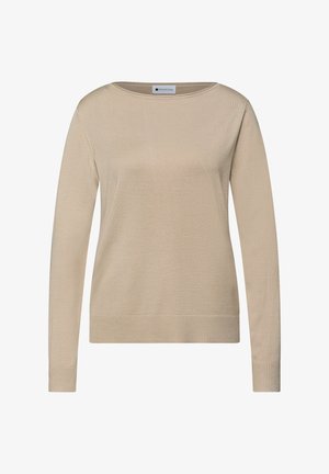 Světle béžový svetr s dlouhým rukávem, kulatým výstřihem, žebrovanými manžetami a lemem. Vyrobený z hladké pleteniny s jemnou strukturou.