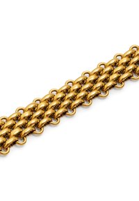 Pulsera de cadena de metal en tono dorado con eslabones ovalados entrelazados y superficie lisa, que exhibe un acabado pulido consistente y un diseño robusto.