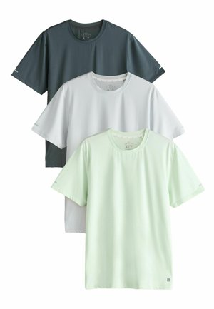 Tre korte ærmede t-shirts med rund hals i mørkegrå, hvid og lys grøn, stablet lodret på hvid baggrund.