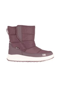 Botas de tobillo acolchadas y aisladas en color púrpura, con diseño acolchado, suela de goma y etiqueta AquaProof. Presenta una lengüeta y un pequeño acento de bandera en el lateral.