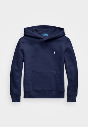 Sudadera azul marino de tela suave con un bolsillo tipo canguro, puños acanalados y un pequeño logo blanco en el pecho. Capucha con cordón.
