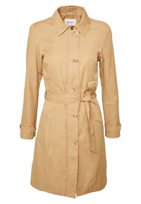 Vaaleanbeige trenssitakki, joka on valmistettu puuvillasekoitteesta. Takissa on vyötärölle sidottava vyö, napitettava etuosa, terävä kaulus ja kaksi etutaskua. Pitkät hihat.