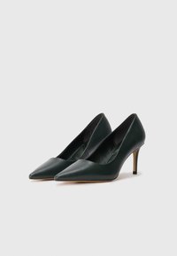 Décolleté verde in pelle con punta affusolata e tacco a stiletto sottile. Texture liscia e design minimalista; nessun hardware o motivo visibile.