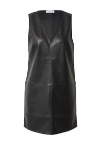 Schwarzes, ärmelloses Kleid aus Leder mit V-Ausschnitt, das durch eine glatte Textur und minimalistisches Design besticht. Es ist mit dezenten Nähten strukturiert und hat einen geraden Saum.