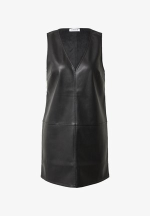 Zwarte leren mouwloze jurk met een V-hals, met een soepele textuur en een minimalistisch ontwerp, gestructureerd met subtiele naden en een rechte zoom.