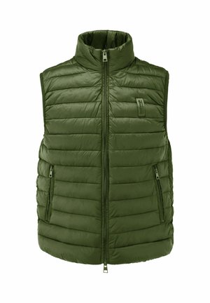 Gilet imbottito senza maniche verde oliva da uomo, con collo alto, zip frontale e tasche laterali con zip.