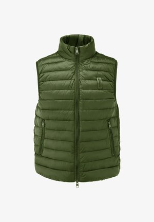 Heren olijfgroene gewatteerde mouwloze bodywarmer met hoge kraag, ritssluiting aan de voorkant en ritssluitingen aan de zijzakken.