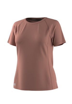 T-shirt de sport ajusté à manches courtes et col rond, couleur terre cuite atténuée, avec coutures visibles et petit logo près de l'ourlet.