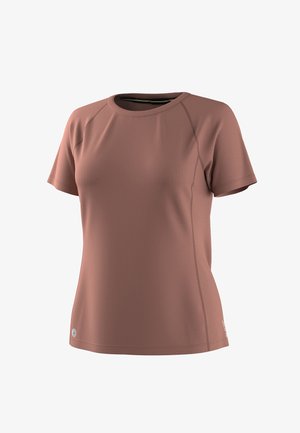 T-shirt de sport ajusté à manches courtes et col rond, couleur terre cuite atténuée, avec coutures visibles et petit logo près de l'ourlet.
