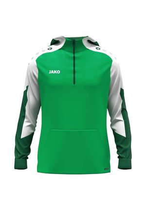 Grüner Sportpullover mit weißen und dunkelgrünen Ärmeln, Frontreißverschluss und JAKO-Logo auf der Brust.
