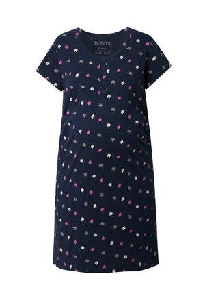 Marineblaue Nachthemd mit kurzen Ärmeln und floralem Muster in Rosa, Weiß und Grau. Es hat einen runden Halsausschnitt und eine Knopfleiste mit drei Knöpfen. Aus weichem Baumwollmaterial.