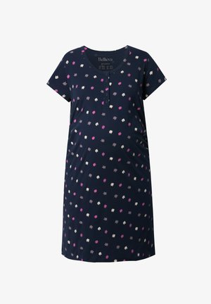 Marineblaue Nachthemd mit kurzen Ärmeln und floralem Muster in Rosa, Weiß und Grau. Es hat einen runden Halsausschnitt und eine Knopfleiste mit drei Knöpfen. Aus weichem Baumwollmaterial.