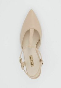 Chaussure beige en cuir à bout pointu avec une bride de cheville. Texture lisse, design minimaliste et un petit accent de bouclerie dorée sur la bride. Semelle plate.