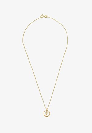 Gold chain necklace featuring a circular pendant with an angel design. The pendant includes a small gemstone accent.