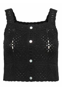Débardeur noir en crochet cintré avec un col carré, de larges bretelles, une fermeture à boutons sur le devant et des motifs ajourés élaborés.