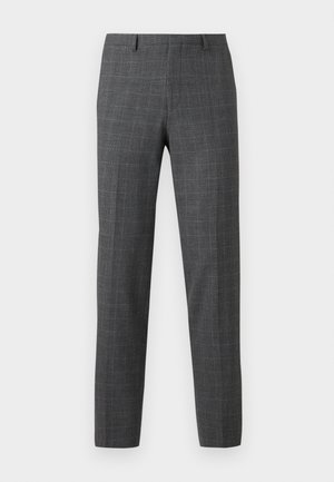 Graue Karottenhose mit einer taillierten Passform, die eine glatte Textur, gerade Beine und dezente Nähte aufweist.