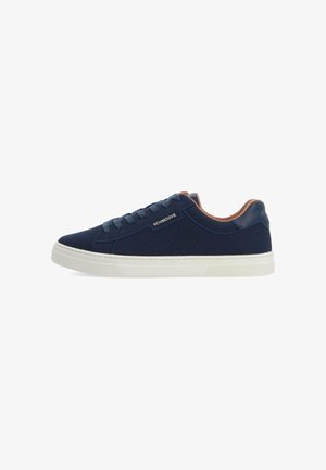 Navy mesh sneakers with a white rubber sole and light brown accents. Features a supportive design and textured surface for breathability.