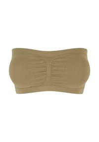 Bandeau top i en ensartet tan farve, lavet af glat, strækbart stof med samlede detaljer i midten og et sømløst design.