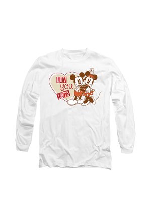 White long-sleeve shirt featuring a cartoon design of two cartoon mice with a heart, text "LUV YOU LOTS" in red and brown tones.