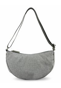 Bolso de bandolera de tela gris con forma de media luna, correa negra ajustable, cierre con cremallera y logo de la marca sutil en la parte delantera.