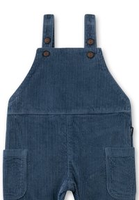Dunkelblaue Cordura-Overalls mit strukturierten vertikalen Streifen, verstellbaren Trägern, zwei vorderen Taschen und Knopfakzenten.