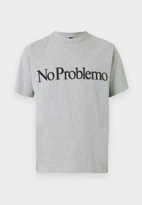 T-shirt grigia in cotone con maniche corte e collo a giro, con testo nero che recita "No Problemo" ben visibile sul davanti.
