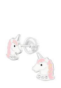 Eenhoornvormige stud oorbellen in zilver met roze emaille accenten en strasstenen details. Beschikt over een gepolijste afwerking en een veilige sluiting.