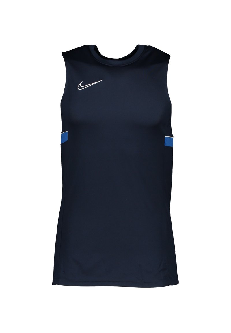 Camiseta atlética sin mangas de color azul marino con cuello redondo, que presenta un logo blanco de Nike y detalles en azul en los laterales. Textura suave, diseño ajustado.