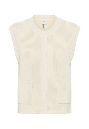 Helles, cremefarbenes, ärmelloses Strickweste mit rundem Ausschnitt, Knöpfen vorne und zwei quadratischen Taschen.