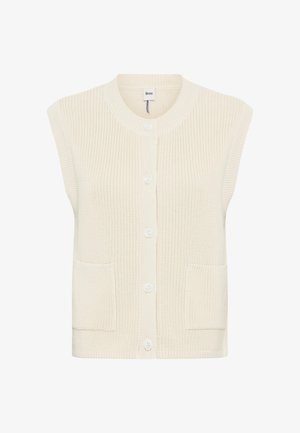 Helles, cremefarbenes, ärmelloses Strickweste mit rundem Ausschnitt, Knöpfen vorne und zwei quadratischen Taschen.