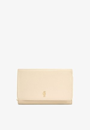 Beżowy portfel z teksturowanej skóry o składanym wzorze z małym złotym emblematem w kształcie papugi umieszczonym centralnie na przedniej klapie.