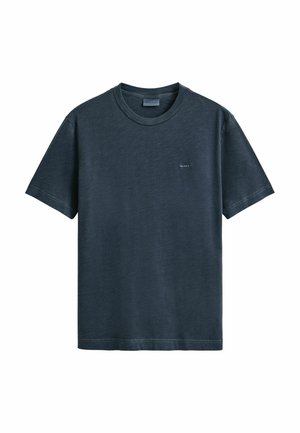 T-shirt en coton bleu foncé à manches courtes, col rond, avec petit logo "GANT" sur le côté gauche de la poitrine.