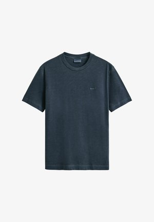 Dunkelblaues kurzärmeliges Baumwoll-T-Shirt mit Rundhalsausschnitt und kleinem "GANT"-Logo auf der linken Brustseite.