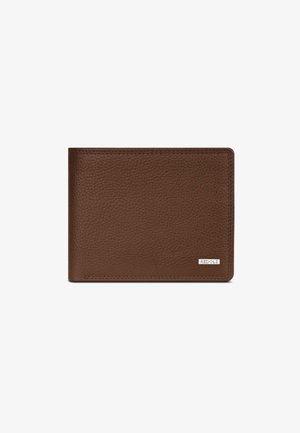 Brown leather wallet with a grainy texture, bi-fold design, and a small silver logo accent. Edges are stitched for durability.