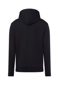 Schwarzer Kapuzenpullover mit glatter Textur, langen Ärmeln und gerippten Bündchen. Verfügt über eine abgerundete Kapuze und ein schlichtes Rückendesign.