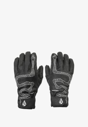Black leather gloves with a snake graphic design in white. Features include a textured surface and logo accent near the wrist area.