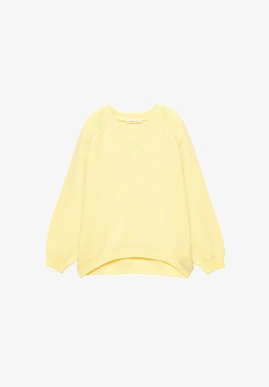 Gelber Strickpullover mit V-Ausschnitt, gerippten Akzenten am Halsausschnitt und Saum sowie leger geschnittenen Ärmeln. Glatte Textur, leichtes Material.