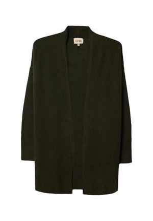 Dunkelolivgrüner Cardigan mit offenem Vorderteil, langen Ärmeln, gerippten Bündchen und Saum sowie einem GOBI-Label am Halsausschnitt.