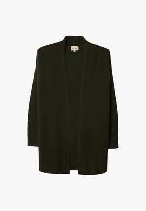 Dunkelolivgrüner Cardigan mit offenem Vorderteil, langen Ärmeln, gerippten Bündchen und Saum sowie einem GOBI-Label am Halsausschnitt.