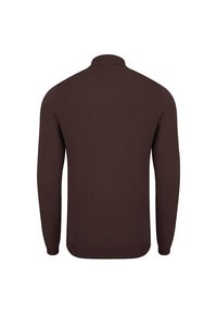 Brązowy sweter wykonany na drutach z wysokim kołnierzem, długimi rękawami i prążkowanym wykończeniem. Gładka tekstura z dopasowanym krojem i minimalnymi detalami.