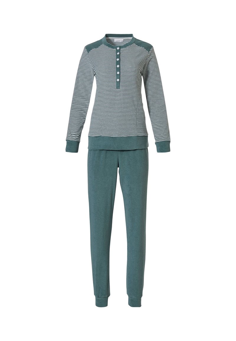 Ensemble de détente à deux pièces : haut à rayures à manches longues en teal avec des boutons, associé à un pantalon teal uni. Fabriqué en tissu doux avec des poignets côtelés.