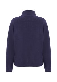 Pullover in pile blu navy con collo alto, maniche lunghe e una texture liscia. Presenta un orlo diritto e nessun hardware o tasche visibili.