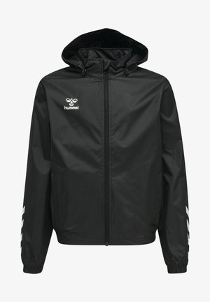 Schwarze leichte Jacke mit Kapuze, Frontreißverschluss und elastischen Bündchen. Verfügt über das weiße Hummel-Logo und kontrastierende Seitenstreifen. Glatte Textur.